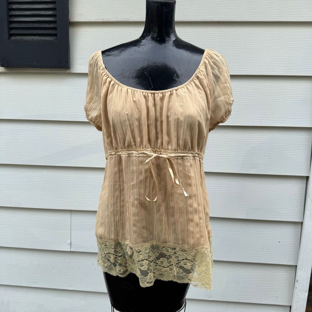 MIXIT Y2K Champagne Lace Empire Waist Peasant Blouse Top Women’s Large